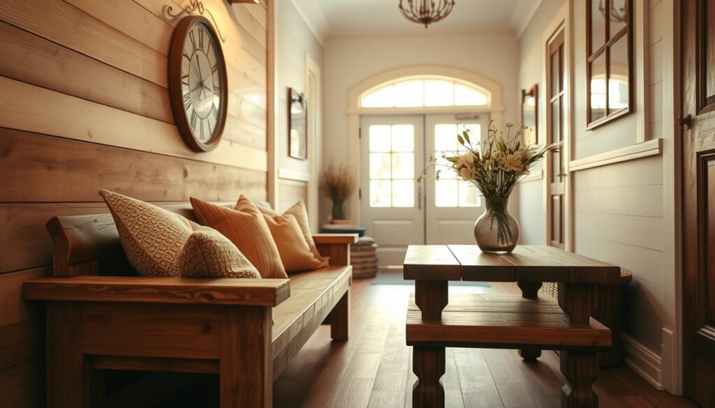 A cozy and inviting entryway featuring a rustic wooden bench and a matching table. The bench is adorned with soft, textured cushions in warm earth tones, while the table showcases a vase filled with fresh flowers. In the foreground, the bench invites relaxation, and the table serves as a functional surface. The middle ground features natural wood grain accents, and the background reveals light coming in through large windows, illuminating the space with soft, warm sunlight. The overall atmosphere is bright and airy, emphasizing natural light while creating a welcoming ambiance. Use a wide-angle lens to capture the depth of the space, ensuring a focus on the furniture arrangement and the play of light throughout the area.
