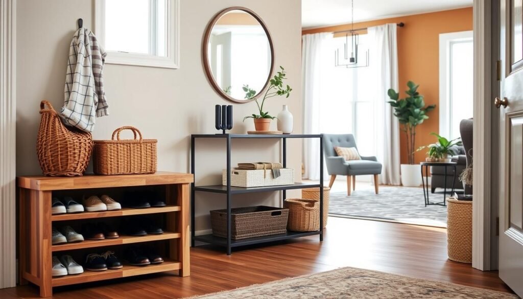 A cozy and inviting entryway scene tailored for a modern suburban home, showcasing various entryway solutions. In the foreground, a stylish shoe rack made of reclaimed wood, neatly organized with pairs of shoes, accompanied by a woven basket for accessories. The middle layer features a sleek console table adorned with a small potted plant and a decorative mirror, reflecting natural light from a nearby window. The background presents a glimpse of the living area with warm-toned walls, enhancing the inviting atmosphere. Soft sunlight streams through sheer curtains, creating a bright and airy ambiance. The overall mood is serene and balanced, emphasizing functionality and aesthetic appeal in home design.