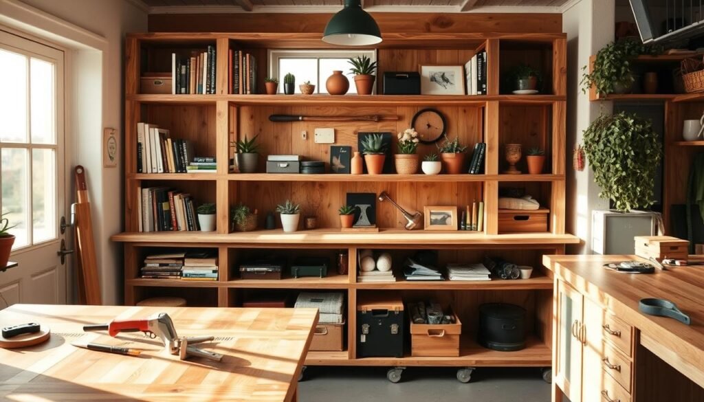 A cozy and inviting home workshop featuring a beautifully crafted DIY shelving unit made from reclaimed wood. In the foreground, showcase the sturdy shelves filled with organized items like books, plants, and decorative boxes, emphasizing the practical use of space. The middle ground includes a workbench with basic tools like a saw, hammer, and measuring tape, suggesting an active DIY project in progress. The background reveals bright natural light streaming through a window, creating a warm and airy atmosphere with soft sunlight illuminating the wooden surfaces. The scene encapsulates a creative and productive mood, ideal for inspiring home improvement enthusiasts. A cozy and inviting home workshop featuring a beautifully crafted DIY shelving unit made from reclaimed wood. In the foreground, showcase the sturdy shelves filled with organized items like books, plants, and decorative boxes, emphasizing the practical use of space. The middle ground includes a workbench with basic tools like a saw, hammer, and measuring tape, suggesting an active DIY project in progress. The background reveals bright natural light streaming through a window, creating a warm and airy atmosphere with soft sunlight illuminating the wooden surfaces. The scene encapsulates a creative and productive mood, ideal for inspiring home improvement enthusiasts.
