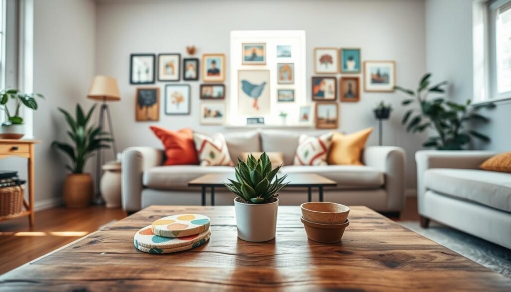 A cozy and inviting living room featuring affordable DIY home decor ideas. In the foreground, a rustic wooden coffee table holds a small potted plant and colorful, handmade coasters. The middle ground showcases a charming gallery wall with an eclectic mix of framed art, including simple paintings and photo collages, all crafted with basic tools. The background reveals a softly lit window, allowing bright, natural light to filter in, casting gentle shadows. The overall atmosphere is warm and welcoming, perfect for showcasing creativity without expensive tools. The scene is photographed with a wide-angle lens to capture the entire space, emphasizing the airy and well-lit ambiance. A cozy and inviting living room featuring affordable DIY home decor ideas. In the foreground, a rustic wooden coffee table holds a small potted plant and colorful, handmade coasters. The middle ground showcases a charming gallery wall with an eclectic mix of framed art, including simple paintings and photo collages, all crafted with basic tools. The background reveals a softly lit window, allowing bright, natural light to filter in, casting gentle shadows. The overall atmosphere is warm and welcoming, perfect for showcasing creativity without expensive tools. The scene is photographed with a wide-angle lens to capture the entire space, emphasizing the airy and well-lit ambiance.