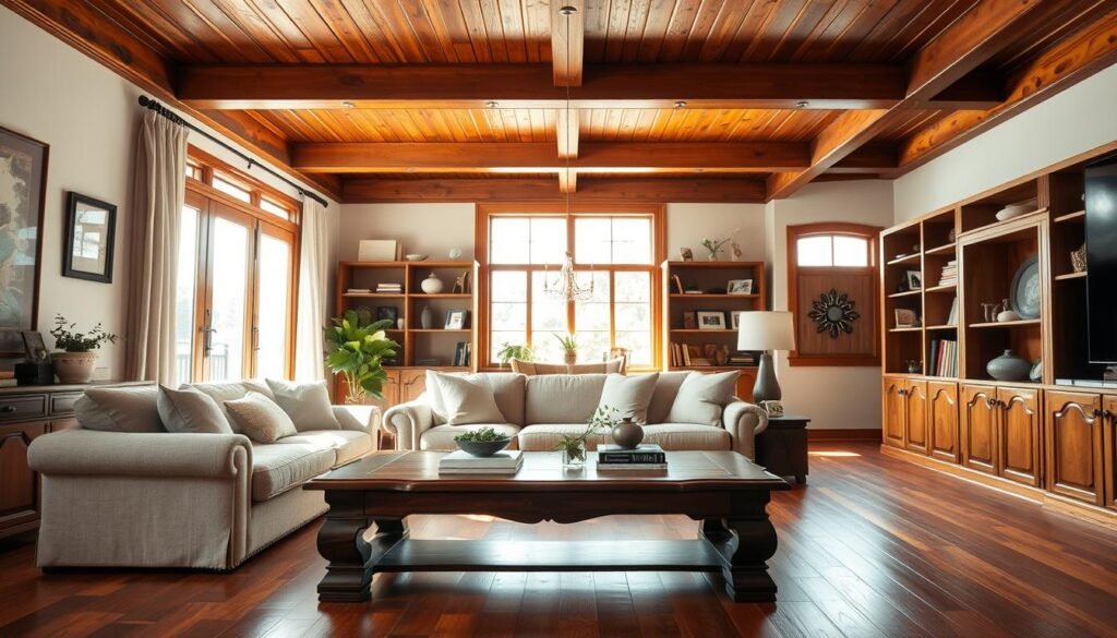 A cozy and inviting living room featuring rich wooden elements, such as a polished hardwood floor and elegant wooden beams on the ceiling. In the foreground, a plush, well-furnished sofa with soft cushions in neutral tones faces a beautifully crafted wooden coffee table. Decorative items, like books and greenery, are elegantly arranged on the table. The middle ground presents a large window, allowing bright natural light to stream in, illuminating the space with a warm, airy feel. The background includes tasteful wooden shelving, filled with curated décor and framed photos. The overall atmosphere is serene and timeless, capturing the enduring appeal of wood in living room design. Soft sunlight filters in, highlighting the textures of the wood and creating a harmonious and inviting environment.