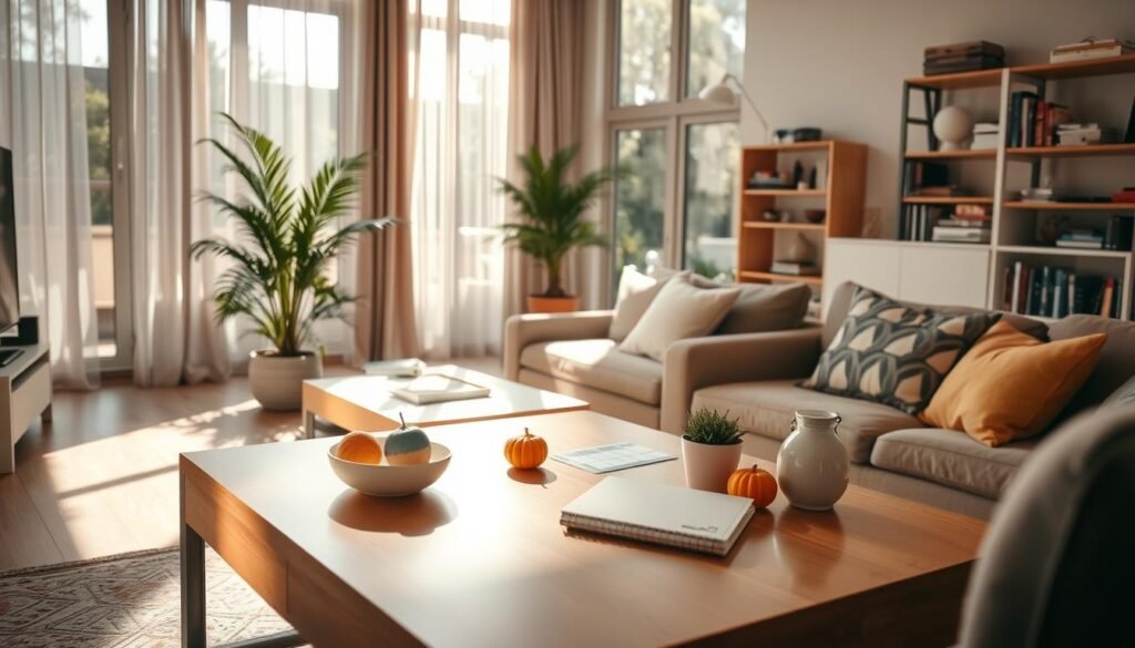 A cozy and inviting living room, showcasing an open space assessment. In the foreground, a stylish coffee table adorned with colorful decorative items and a notepad, suggesting an active lifestyle analysis. The middle ground features a comfortable sofa, arranged to create a warm gathering spot, with sunlight filtering through sheer curtains, casting soft shadows. A potted plant adds a touch of nature, enhancing the airy feel. In the background, large windows reveal a bright, sunlit day outside, while shelves display neatly organized books and personal items, reflecting a well-lived space. The overall mood is harmonious and reflective, promoting a sense of calm and introspection, captured in warm tones and natural light. A cozy and inviting living room, showcasing an open space assessment. In the foreground, a stylish coffee table adorned with colorful decorative items and a notepad, suggesting an active lifestyle analysis. The middle ground features a comfortable sofa, arranged to create a warm gathering spot, with sunlight filtering through sheer curtains, casting soft shadows. A potted plant adds a touch of nature, enhancing the airy feel. In the background, large windows reveal a bright, sunlit day outside, while shelves display neatly organized books and personal items, reflecting a well-lived space. The overall mood is harmonious and reflective, promoting a sense of calm and introspection, captured in warm tones and natural light.