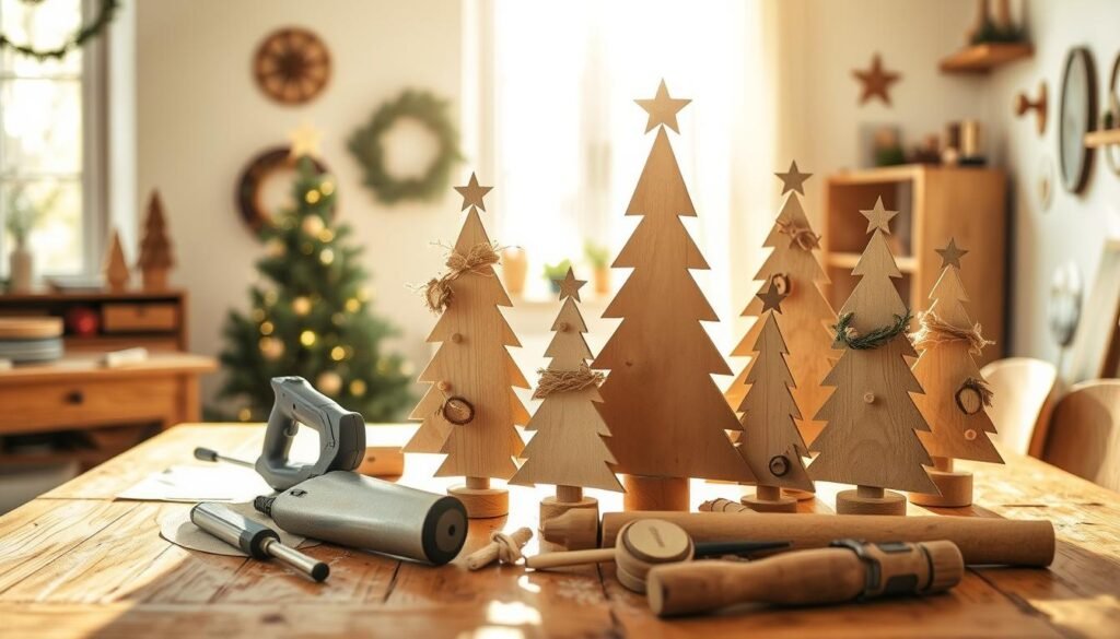 A cozy and inviting scene of a DIY workspace featuring beautifully crafted wooden Christmas trees of various sizes, displayed on a rustic wooden table. In the foreground, tools like a saw and sandpaper are neatly arranged beside the trees, showcasing an engaged crafting process. The middle of the image captures the trees, adorned with natural decorations such as twine and wood slices, highlighting the warmth of handmade projects. The background shows a sunlit room with a window, allowing soft, golden sunlight to flood in, creating an airy atmosphere filled with creativity. The walls are decorated with subtle holiday accents, enhancing the seasonal mood in a relaxed and productive environment. The overall composition evokes a sense of joy and fulfillment from engaging in DIY woodworking projects.