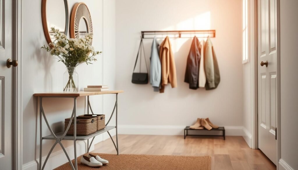 A cozy and inviting small entryway featuring a stylish console table adorned with a vase of fresh flowers and a decorative mirror. In the foreground, a pair of clean, minimalist shoes neatly placed on a small rug adds to the organization. The middle ground showcases an elegant wall-mounted coat rack with a few casual jackets hung on it, complemented by a subtle color palette of soft whites and earthy tones. In the background, a glimpse of warm, natural light filtering through a nearby window illuminates the space, creating a tranquil atmosphere. The room exudes a sense of openness and simplicity, ideal for maximizing tiny entryways, with carefully chosen décor that enhances its functionality and charm.