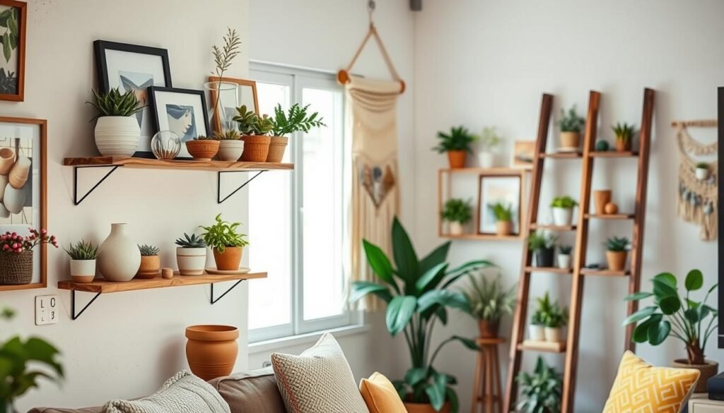 A cozy and inviting small living space filled with decorative DIY projects that enhance character without occupying much room. In the foreground, the scene features a crafted wall-mounted shelf showcasing potted indoor plants, handmade ceramic vases, and framed artwork. The middle ground reveals a soft, colorful macramé wall hanging and a rustic wooden ladder repurposed as a display for various small décor items. The background consists of bright, airy windows allowing soft natural light to filter in, creating a warm atmosphere. The overall mood is creative and lively, perfect for a home where every inch counts. Use a wide-angle lens to capture the depth of the space, emphasizing the harmonious blend of décor and functionality. A cozy and inviting small living space filled with decorative DIY projects that enhance character without occupying much room. In the foreground, the scene features a crafted wall-mounted shelf showcasing potted indoor plants, handmade ceramic vases, and framed artwork. The middle ground reveals a soft, colorful macramé wall hanging and a rustic wooden ladder repurposed as a display for various small décor items. The background consists of bright, airy windows allowing soft natural light to filter in, creating a warm atmosphere. The overall mood is creative and lively, perfect for a home where every inch counts. Use a wide-angle lens to capture the depth of the space, emphasizing the harmonious blend of décor and functionality.