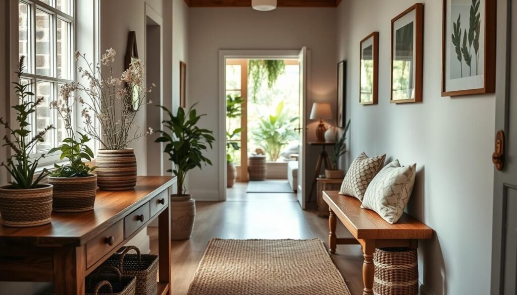 A cozy and inviting tiny entryway filled with natural elements. In the foreground, a warm wood console table adorned with potted green plants, textured woven baskets, and a small vase of fresh wildflowers. The middle section features a narrow hallway with soft, natural light streaming in through a large window, highlighting a wooden bench with plush cushions. On the walls, framed nature-inspired art pieces, and a textured jute rug underfoot. In the background, hints of greenery peek through the doorway, creating an organic flow into the living room. The mood is serene and welcoming, with bright, airy lighting and a focus on comfort and nature. The composition is shot from a slightly elevated angle to emphasize the space's depth and warmth.