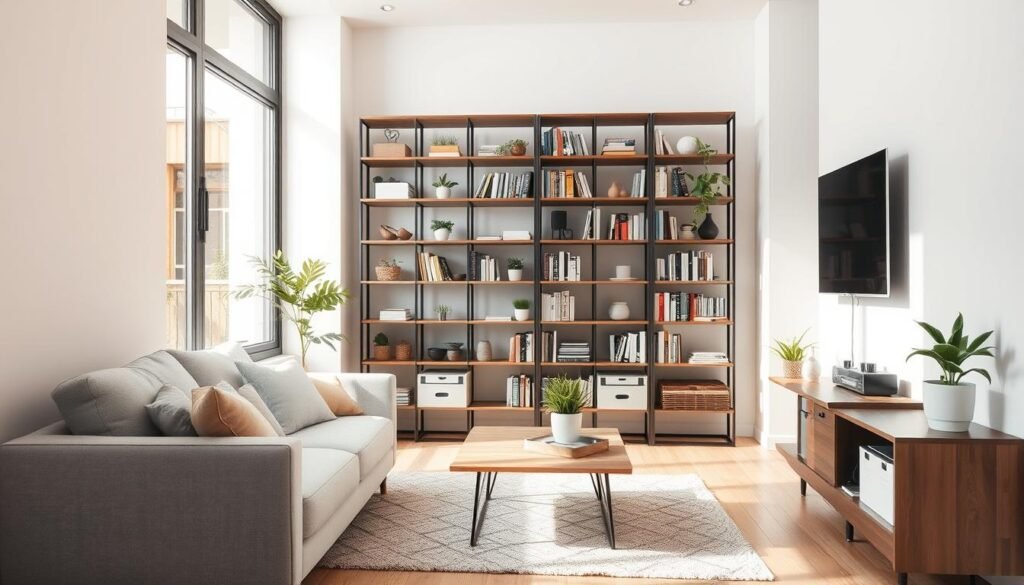 A cozy and modern small living room designed for simplicity and functionality. In the foreground, a compact, stylish sofa in soft grey fabric complements a minimalist coffee table with a few decorative items. The middle layer features a versatile, space-saving bookshelf filled with books and small plants, enhancing the room's atmosphere. In the background, a large window allows bright, natural light to fill the room, casting soft shadows and creating an airy feel. The walls are painted in a calming pastel hue, and light wooden flooring adds warmth. Overall, the scene evokes a sense of serenity and comfort, showcasing effective solutions for small living spaces, enhanced by soft sunlight streaming in.