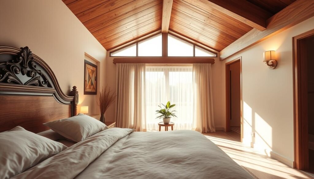 A cozy and serene bedroom interior featuring architectural elements that promote relaxation. In the foreground, a beautifully crafted wooden headboard with intricate detailing contrasts with soft, neutral bedding. The middle ground showcases a large window with sheer curtains allowing soft, natural light to flood the space, illuminating a plush area rug beneath a small, minimalist wooden side table holding a calming indoor plant. The background highlights smooth wooden ceiling beams and warm, ambient lighting fixtures that exude a tranquil atmosphere. The walls are painted in soothing pastel tones, and gentle shadows play across the room, enhancing the feeling of calm. Capture this scene with a wide-angle lens to emphasize openness and depth, while maintaining a focus on the inviting textures and warm light.