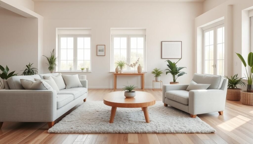 A cozy and serene living room designed for simplicity and relaxation. The foreground features a comfortable light gray sofa adorned with soft, decorative pillows in neutral tones. A minimalist coffee table made of natural wood sits in front, holding a small potted plant. In the middle, a plush area rug gently anchors the space, while an inviting armchair complements the sofa. The background showcases large windows letting in bright, soft sunlight, illuminating the room with a warm glow. Walls are painted in a soft cream, with tasteful, minimalistic art pieces hung. Plants in the corners add a touch of greenery. The overall mood is calm and tranquil, evoking a sense of comfort and simplicity. Shot in a wide angle to capture the full essence of the space, with a focus on natural light.