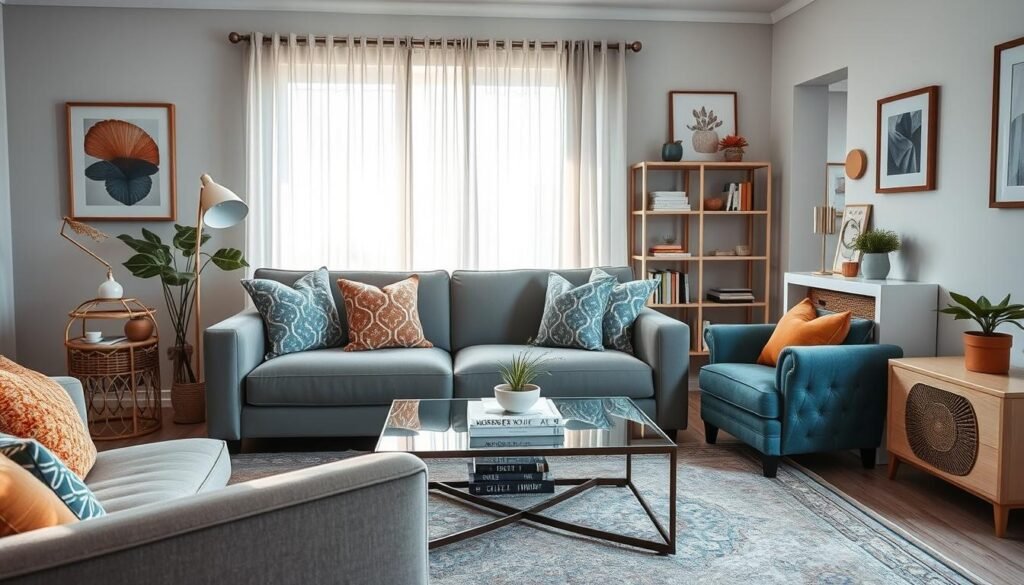 A cozy and stylish living room featuring a harmonious blend of color schemes, highlighting soft blues and warm neutral tones with accents of vibrant earthy shades. In the foreground, a plush, modern sofa adorned with patterned throw pillows invites relaxation. The middle layer showcases a stylish coffee table topped with a few decorative books and a small plant, while an elegant area rug ties the space together. The backdrop reveals a well-lit window draped with sheer curtains, allowing soft sunlight to flood the room. Tasteful wall art and a bookshelf filled with neatly arranged decor add personality to the space. The atmosphere is warm and inviting, perfect for family gatherings or casual entertaining. Overall, convey a sense of comfort and manageability, showcasing how color can enhance daily life without overwhelming it.