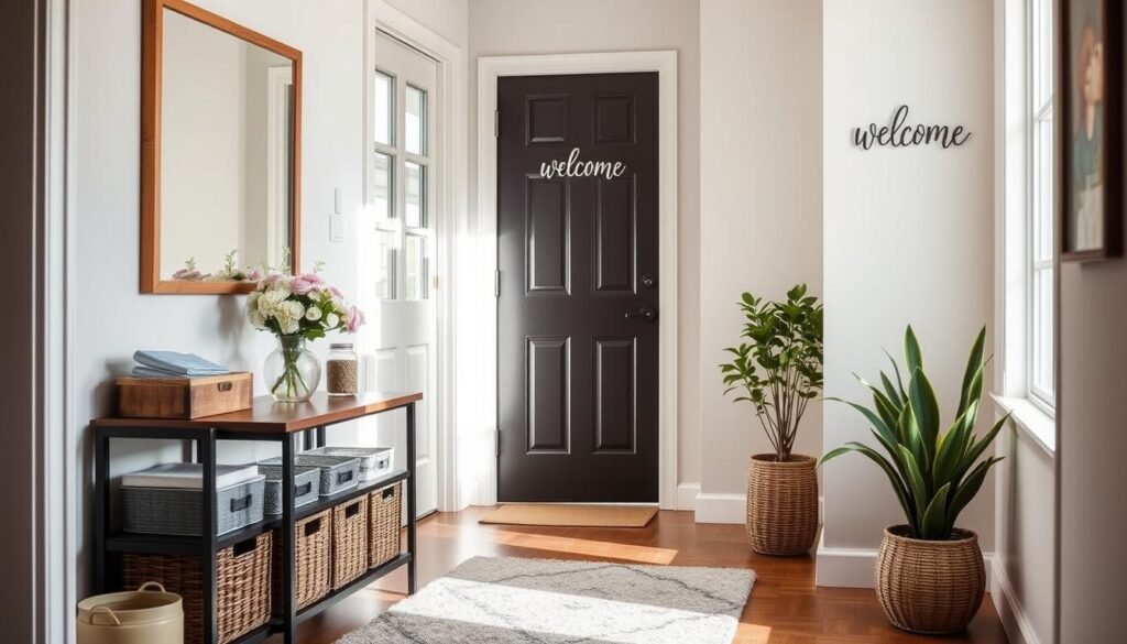 A cozy apartment entryway featuring stylish and functional decor. In the foreground, a small console table with organized storage baskets and a decorative vase filled with fresh flowers. To the side, a plush area rug adds warmth. The middle ground showcases a large mirror reflecting natural light, with a well-placed potted plant nearby. In the background, a door adorned with a simple yet elegant welcome sign. Bright, soft sunlight filters through a nearby window, creating an airy atmosphere. The scene captures a sense of modern charm, highlighting easy-to-maintain, personalized touches. The composition is well-balanced, emphasizing a welcoming vibe, shot from a slightly elevated angle to capture the full depth of the entryway.