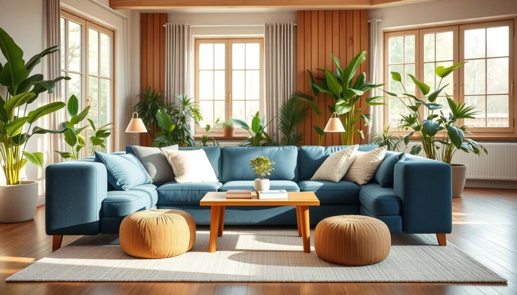 A cozy apartment interior showcases a harmonious color scheme that reflects tranquility and warmth. In the foreground, a plush, deep blue sofa adorned with soft, textured throw pillows sits invitingly on a light-colored area rug. The middle layer features a wooden coffee table with a few neatly arranged books and a small potted plant, surrounded by soft, warm lighting from two vintage-style lamps. In the background, large windows let in bright, natural light, illuminating the airy space filled with green indoor plants that enhance the vitality of the room. The walls are painted in soft neutral tones, blending seamlessly with wooden accents, creating a calming atmosphere ideal for relaxation and daily energy. A sense of serenity fills the air, emphasizing the importance of a color palette that supports a balanced lifestyle. A cozy apartment interior showcases a harmonious color scheme that reflects tranquility and warmth. In the foreground, a plush, deep blue sofa adorned with soft, textured throw pillows sits invitingly on a light-colored area rug. The middle layer features a wooden coffee table with a few neatly arranged books and a small potted plant, surrounded by soft, warm lighting from two vintage-style lamps. In the background, large windows let in bright, natural light, illuminating the airy space filled with green indoor plants that enhance the vitality of the room. The walls are painted in soft neutral tones, blending seamlessly with wooden accents, creating a calming atmosphere ideal for relaxation and daily energy. A sense of serenity fills the air, emphasizing the importance of a color palette that supports a balanced lifestyle.