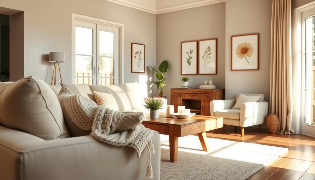 A cozy apartment living room featuring a warm and calming color palette. Foreground: a plush, cream-colored sofa adorned with soft, pastel throw pillows, and a chunky knitted blanket draped over the arm. Middle: a handcrafted wooden coffee table with decorative candles and a small potted plant. Background: large windows allowing soft, natural sunlight to fill the space, revealing light gray walls complemented by botanical artwork. A light-colored area rug lies beneath the coffee table, adding texture. The atmosphere is inviting and serene, with soft shadows created by the gentle sunlight, enhancing the warmth and relaxation of the scene. Capture the image from a slightly elevated angle to emphasize the open layout and airy feel of the apartment.