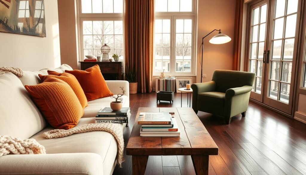 A cozy apartment living room with a warm color scheme, featuring soft beige walls and a rich, dark wood floor. In the foreground, a plush cream-colored sofa adorned with textured throw pillows in shades of rust and mustard. A chunky knit blanket drapes over the arm of the couch. In the middle, a rustic wooden coffee table piled with stylish design books and a small bonsai plant. A vintage armchair in deep olive green sits adjacent, next to a softly glowing floor lamp. In the background, large windows let in abundant bright, natural light, illuminating the space with warm tones. The atmosphere is inviting and serene, perfect for relaxation or gathering with friends. The shot is taken from a slightly elevated angle to capture the full ambience.