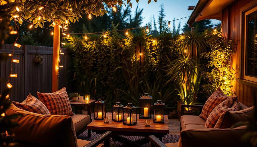 A cozy backyard corner designed for evening enjoyment, featuring warm outdoor lighting elements. In the foreground, an inviting seating area with comfortable cushions, surrounded by softly glowing string lights draped overhead. The middle ground showcases a rustic wooden table adorned with lanterns emitting a gentle flickering light. In the background, lush greenery and tall plants create a natural privacy screen, with some ambient garden lights strategically placed to highlight the foliage. The atmosphere is peaceful and intimate, captured under a soft twilight sky, enhancing the sense of serenity. Use a warm color palette to evoke comfort, with soft shadows to create depth. The perspective should be slightly elevated, capturing the enchanting feel of this light-filled retreat. The image should be crisp and realistic, evoking a serene outdoor space perfect for relaxation.