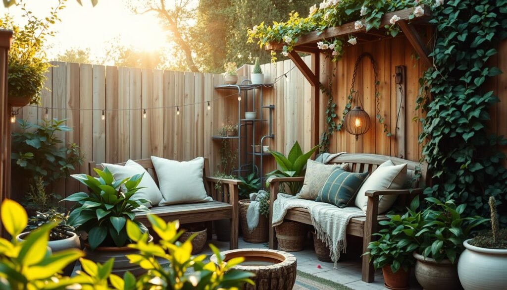 A cozy backyard corner designed for relaxation and privacy. In the foreground, a rustic wooden bench adorned with soft cushions and throws invites comfort. Lush greenery surrounds the bench, with potted plants and climbing vines creating an intimate atmosphere. In the middle ground, a small water feature adds a soothing sound, while a trellis draped with flowering vines enhances the serene vibe. The background features a wooden fence, partially covered with ivy, allowing soft sunlight to filter through, casting gentle shadows. The setting is bathed in bright, natural light during golden hour, evoking warmth and tranquility. Capture the scene from a slightly elevated angle to showcase the inviting layout, emphasizing the peaceful retreat feel of the space.