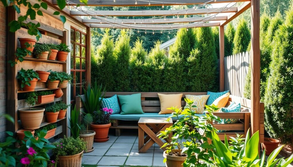 A cozy backyard corner featuring DIY furniture made from upcycled materials, such as a wooden pallet bench adorned with colorful cushions and a small table crafted from repurposed crates. In the foreground, vibrant potted plants and a vertical garden made from old wooden pallets create an inviting atmosphere. The middle ground showcases the bench under a decorative canopy of twinkling fairy lights, enhancing the serene feel. In the background, lush greenery and tall shrubs provide privacy, while soft sunlight bathes the scene, casting gentle shadows. The image should evoke warmth and tranquility, ideal for a private outdoor retreat, with a focus on sustainable and creative home décor. The scene is bright and airy, captured from a slightly elevated angle to showcase the entire corner effectively.
