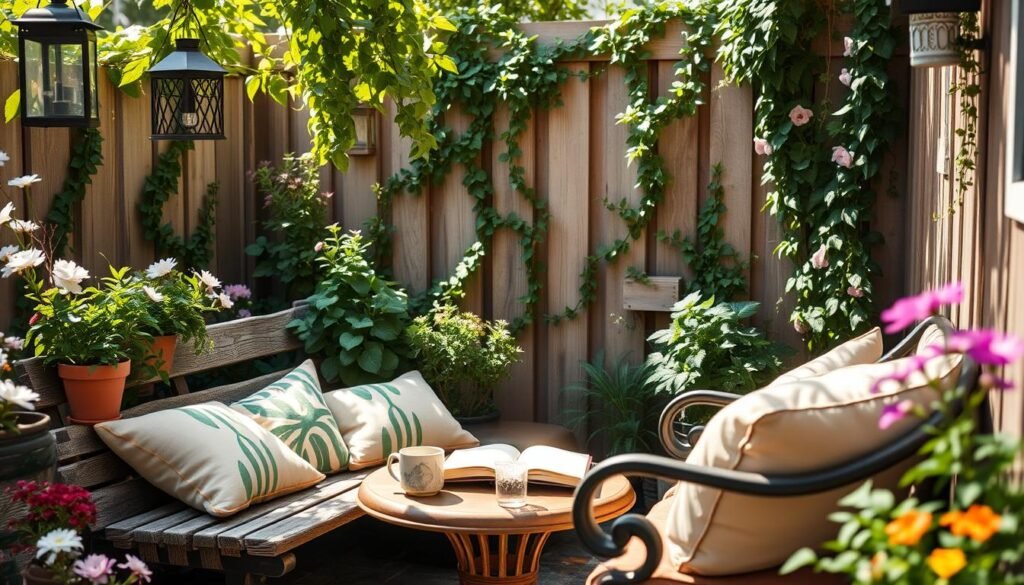 A cozy backyard corner featuring a charming seating area, surrounded by lush greenery and blooming flowers. In the foreground, a weathered wooden bench with soft, colorful cushions invites relaxation. Potted plants and hanging lanterns drape over the bench, casting gentle shadows. In the middle, a small round table with a steaming cup of tea and a book emphasizes comfort. The background showcases a wooden fence adorned with climbing vines, while dappled sunlight filters through the leaves, creating a warm and inviting atmosphere. The scene should be captured with a soft focus, highlighting the serene and tranquil mood, under bright natural light inspiring a sense of peace and privacy, ideal for unwinding.