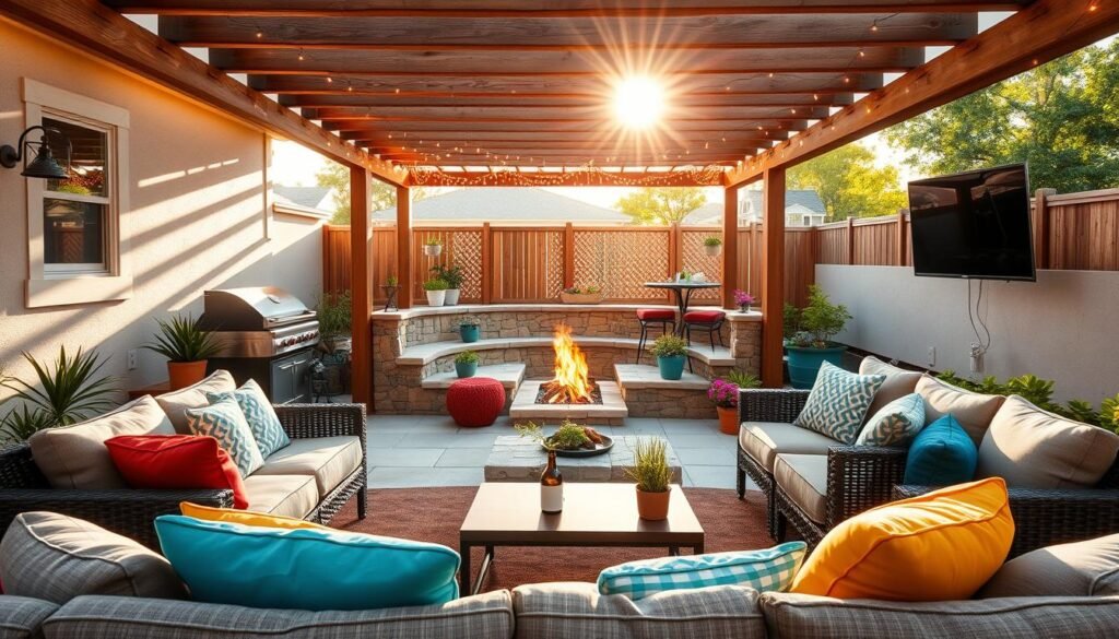 A cozy backyard entertainment area, designed for relaxation and social gatherings. In the foreground, a comfortable seating arrangement with plush outdoor sofas, adorned with colorful cushions. Small, low tables are scattered around, displaying snacks and drinks. The middle layer features a built-in barbecue grill and a fire pit surrounded by stone seating, inviting warmth. Vibrant potted plants and subtle landscaping add greenery to the scene. In the background, a wooden pergola draped with fairy lights casts a warm glow in the soft sunlight, enhancing the inviting atmosphere. The entire space is bathed in bright, natural light, creating an airy and cheerful ambiance. The angle captures the entirety of the area, emphasizing functionality and comfort in the design. A cozy backyard entertainment area, designed for relaxation and social gatherings. In the foreground, a comfortable seating arrangement with plush outdoor sofas, adorned with colorful cushions. Small, low tables are scattered around, displaying snacks and drinks. The middle layer features a built-in barbecue grill and a fire pit surrounded by stone seating, inviting warmth. Vibrant potted plants and subtle landscaping add greenery to the scene. In the background, a wooden pergola draped with fairy lights casts a warm glow in the soft sunlight, enhancing the inviting atmosphere. The entire space is bathed in bright, natural light, creating an airy and cheerful ambiance. The angle captures the entirety of the area, emphasizing functionality and comfort in the design.