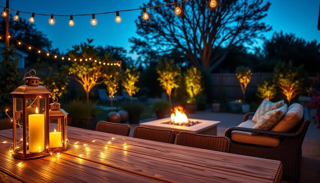 A cozy backyard scene during twilight, featuring elegant outdoor lighting. In the foreground, a rustic wooden table is adorned with soft, warm LED string lights that twinkle gently. Lanterns with flickering candles create a welcoming ambiance. In the middle, a comfortable seating area with plush cushions and a fire pit is surrounded by softly illuminated garden plants. The background showcases a lush garden highlighted by subtle spotlights on trees, casting gentle shadows. The atmosphere is serene and inviting, with a backdrop of deepening blue skies and the first stars appearing. The lighting captures the essence of outdoor evenings filled with relaxation and enjoyment, inviting viewers to imagine gatherings with friends and family in this peaceful retreat.