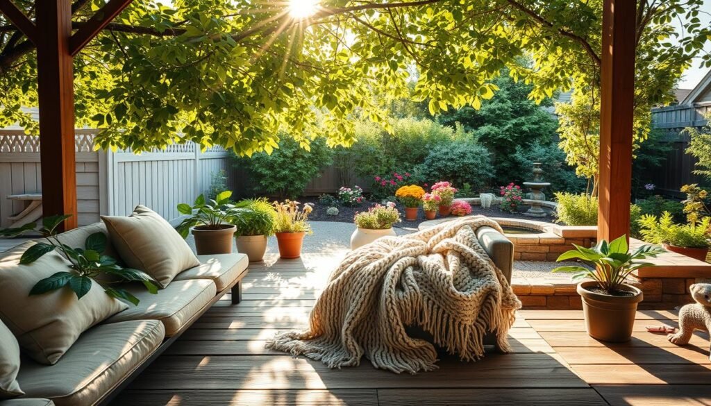A cozy backyard scene emphasizing comfort and balance between light and shade. In the foreground, a weathered wooden deck adorned with plush cushions and a soft, knitted throw blanket creates an inviting seating area. In the middle ground, potted plants with lush green foliage provide shade, while the dappled sunlight filters through tree branches above, casting intricate patterns on the deck. The background features a quaint garden with blooming flowers in bright colors, and a small water feature gently trickling, adding tranquility. The lighting is soft and warm, reminiscent of early afternoon, enhancing the serene atmosphere. The overall mood is peaceful and inviting, encouraging relaxation in a beautiful, well-maintained outdoor space.