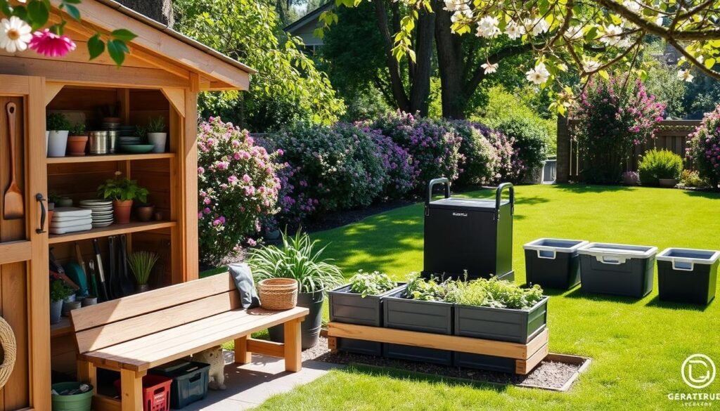 A cozy backyard scene featuring a variety of simple storage solutions designed to reduce clutter. In the foreground, there is a well-organized wooden shed with shelves stocked with gardening tools and supplies, complemented by a rustic wooden bench adorned with potted plants. The middle ground showcases a series of stylish outdoor storage bins, neatly arranged alongside a small herb garden. In the background, a vibrant green lawn is framed by blooming shrubs and trees, creating a serene atmosphere. The lighting is bright and natural, with soft sunlight filtering through the leaves, casting gentle shadows. The overall mood is inviting and functional, emphasizing comfort and practicality in outdoor spaces.