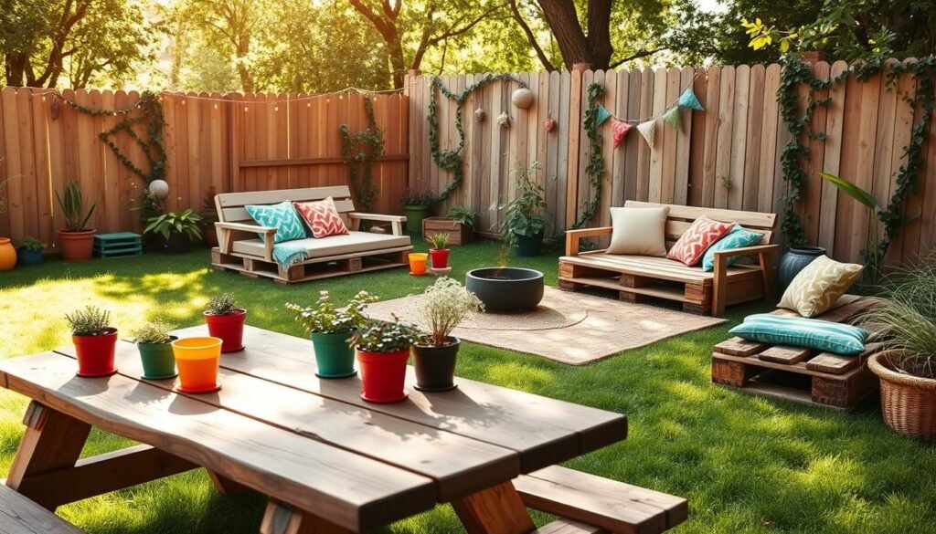 A cozy backyard scene featuring budget-friendly outdoor living spaces. In the foreground, a rustic wooden picnic table adorned with potted herbs and colorful tableware suggests a welcoming dining area. The middle ground presents a comfortable seating arrangement made from repurposed wooden pallets, accented with vibrant outdoor cushions and a small fire pit. Lush green grass surrounds the space, dotted with simple, handmade garden decorations. In the background, a wooden fence with climbing vines and fairy lights creates an inviting ambiance. The scene is bathed in bright natural light, with soft sunlight filtering through trees, conveying a relaxed and cheerful atmosphere. Capture the image from a slightly elevated angle to showcase the entire setup while keeping a warm, homey feel throughout.