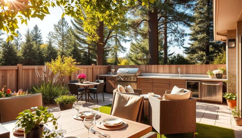A cozy backyard scene featuring well-placed seating arrangements in proximity to an outdoor kitchen. In the foreground, a stylish dining table set with elegant dinnerware and comfortable chairs, positioned for easy access to the kitchen. The middle ground showcases a modern outdoor kitchen equipped with a grill, sink, and ample countertop space, surrounded by lush greenery and vibrant flowers. In the background, tall trees and a clear blue sky provide a tranquil ambiance. The lighting is bright, with soft sunlight filtering through leaves, creating a warm and inviting atmosphere. The perspective is captured from a slight angle, emphasizing the relationship between seating and the kitchen, fostering a sense of comfort and usability in this outdoor space.