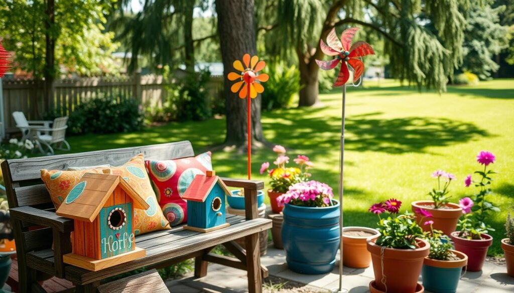 A cozy backyard scene filled with whimsical DIY garden decorations. In the foreground, vibrant handmade birdhouses crafted from reclaimed wood, adorned with cheerful paint patterns. Nearby, a rustic wooden bench cushions playful fabric pillows in bright colors, inviting relaxation. In the middle ground, colorful flower pots filled with flourishing blooms surround a small, charming wind turbine made from recycled materials, spinning gently in the breeze. The background features a lush green lawn with tall trees, casting dappled sunlight on the space. Bright natural lighting enhances the cheerful atmosphere, capturing the essence of a cheerful outdoor living area in soft diffused sunlight. The angle is slightly elevated, showcasing the decorations while creating a warm and inviting ambiance.