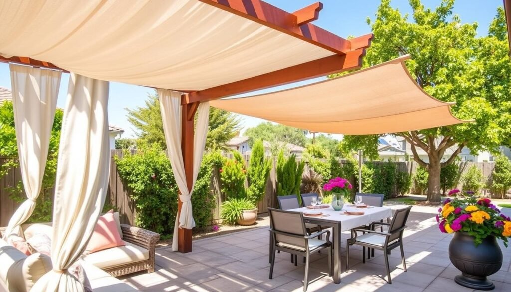 A cozy backyard scene on a sunny afternoon, showcasing various midday shade solutions. In the foreground, an elegant wooden pergola draped with soft, white fabric creates a shaded lounging area, accented by plush cushions in pastel colors. In the middle ground, a tasteful outdoor dining table set for a casual meal, surrounded by stylish, shaded planters filled with vibrant flowers. The background features lush greenery and trees providing natural shade, complemented by a clear blue sky. The lighting is soft and bright, casting gentle shadows, enhancing the inviting atmosphere. The mood is relaxed and tranquil, perfect for enjoying hot afternoons outdoors.