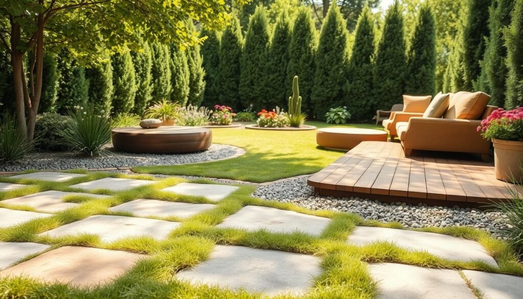 A cozy backyard scene showcasing an inviting ground surface designed for comfort. In the foreground, highlight a smooth, textured stone path interspersed with lush patches of soft, green grass. Include areas of rustic wooden decking, arranged in a circular seating arrangement, complemented by plush outdoor cushions in warm tones. In the middle ground, introduce decorative gravel borders and flowing flower beds with vibrant blooms, providing a touch of color and vibrancy. The background should feature a serene garden with tall, leafy shrubs creating a natural privacy screen. Capture this setting in bright natural light, using soft sunlight filtering through the leaves. Employ a slightly elevated angle to emphasize the layered textures and depth of the materials, evoking a tranquil and inviting atmosphere perfect for relaxation and gatherings.