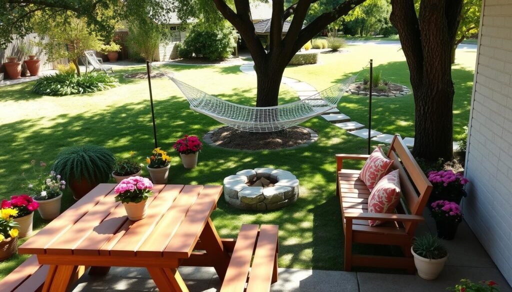 A cozy backyard scene showcasing an optimized seating arrangement for comfort and usability. In the foreground, a beautifully designed wooden picnic table with matching benches, surrounded by colorful potted flowers and greenery. The middle ground features a well-placed hammock strung between two trees, inviting relaxation. A small fire pit made of natural stone provides warmth and a focal point. In the background, there's a lush lawn with shaded areas, and a pathway winding through the garden. The scene is bathed in soft, natural sunlight, creating a warm, inviting atmosphere. Capture this from a slightly elevated angle to highlight the layout and flow of the space, emphasizing the harmony between seating and nature. A cozy backyard scene showcasing an optimized seating arrangement for comfort and usability. In the foreground, a beautifully designed wooden picnic table with matching benches, surrounded by colorful potted flowers and greenery. The middle ground features a well-placed hammock strung between two trees, inviting relaxation. A small fire pit made of natural stone provides warmth and a focal point. In the background, there's a lush lawn with shaded areas, and a pathway winding through the garden. The scene is bathed in soft, natural sunlight, creating a warm, inviting atmosphere. Capture this from a slightly elevated angle to highlight the layout and flow of the space, emphasizing the harmony between seating and nature.
