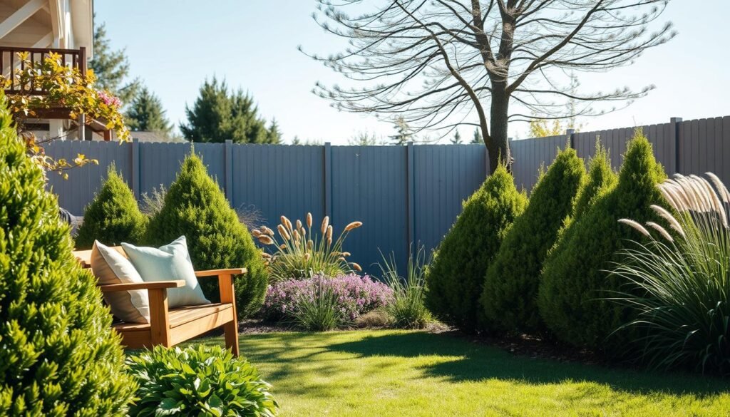A cozy backyard scene showcasing strategic plant placement for wind protection. In the foreground, a wooden bench with comfortable cushions sits invitingly, surrounded by a series of carefully arranged tall shrubs—such as boxwoods and ornamental grasses—that demonstrate their role as natural windbreaks. In the middle ground, a vibrant flower bed adds color and habitat diversity, while a gently swaying tree stands nearby, its branches indicating the wind direction. The background features a soft, blurred fence and a clear blue sky that allows bright natural light to flood the scene, illuminating the plants and creating soft shadows. The atmosphere conveys tranquility and comfort, ideal for relaxed outdoor gatherings. The composition is framed at eye level, emphasizing depth and perspective in this peaceful outdoor setting. A cozy backyard scene showcasing strategic plant placement for wind protection. In the foreground, a wooden bench with comfortable cushions sits invitingly, surrounded by a series of carefully arranged tall shrubs—such as boxwoods and ornamental grasses—that demonstrate their role as natural windbreaks. In the middle ground, a vibrant flower bed adds color and habitat diversity, while a gently swaying tree stands nearby, its branches indicating the wind direction. The background features a soft, blurred fence and a clear blue sky that allows bright natural light to flood the scene, illuminating the plants and creating soft shadows. The atmosphere conveys tranquility and comfort, ideal for relaxed outdoor gatherings. The composition is framed at eye level, emphasizing depth and perspective in this peaceful outdoor setting.