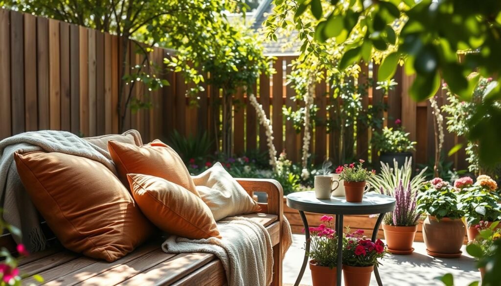 A cozy backyard seating area designed for relaxation and comfort. In the foreground, plush cushions in warm earth tones are arranged on a rustic wooden bench, with a soft throw blanket casually draped over one side. The middle ground features a round side table with a steaming mug and a small potted plant, surrounded by vibrant potted flowers. The background reveals a lush garden with blooming greenery, framed by a wooden fence that enhances the feeling of seclusion. Bright natural light filters through the leaves, casting dappled shadows and creating an inviting atmosphere. The scene captures the essence of soft and cozy outdoor lounging spaces, emphasizing comfort and tranquility, with a focus on realistic home decor and natural elements.