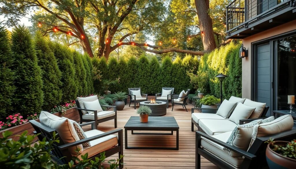 A cozy backyard seating area featuring a beautifully designed wooden deck, surrounded by lush greenery and carefully placed flower beds. In the foreground, there are comfortable, inviting lounge chairs with soft cushions, a stylish outdoor coffee table adorned with a decorative plant. The middle ground showcases a small fire pit with seating arranged around it, perfect for gatherings. In the background, tall privacy hedges create an intimate atmosphere, while vibrant string lights hang above, casting a warm glow. The scene is illuminated by soft, natural sunlight filtering through the trees, enhancing the serene and inviting mood of the space. Capture this image from a slight elevated angle to showcase the layout and depth of the area.