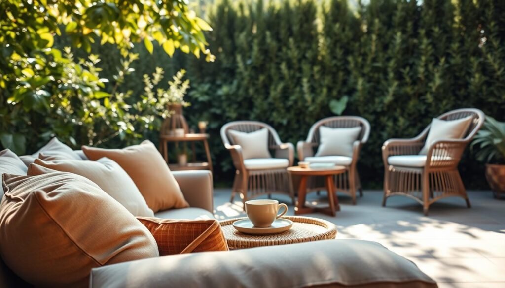 A cozy backyard seating area featuring outdoor furniture designed for relaxation. In the foreground, there are plush, oversized cushions on a low wooden bench, adorned with throw pillows in earthy tones. A stylish rattan coffee table sits nearby, holding a steaming cup of tea. In the middle, a set of two elegant wicker chairs with soft, light-colored fabric complement the scene. The background reveals lush green plants and privacy-enhancing tall hedges, creating an intimate atmosphere. Soft, warm sunlight filters through the leaves, casting gentle shadows on the patio, enhancing the inviting mood. The composition should evoke a serene and peaceful ambiance, perfect for unwinding with a book or enjoying company.
