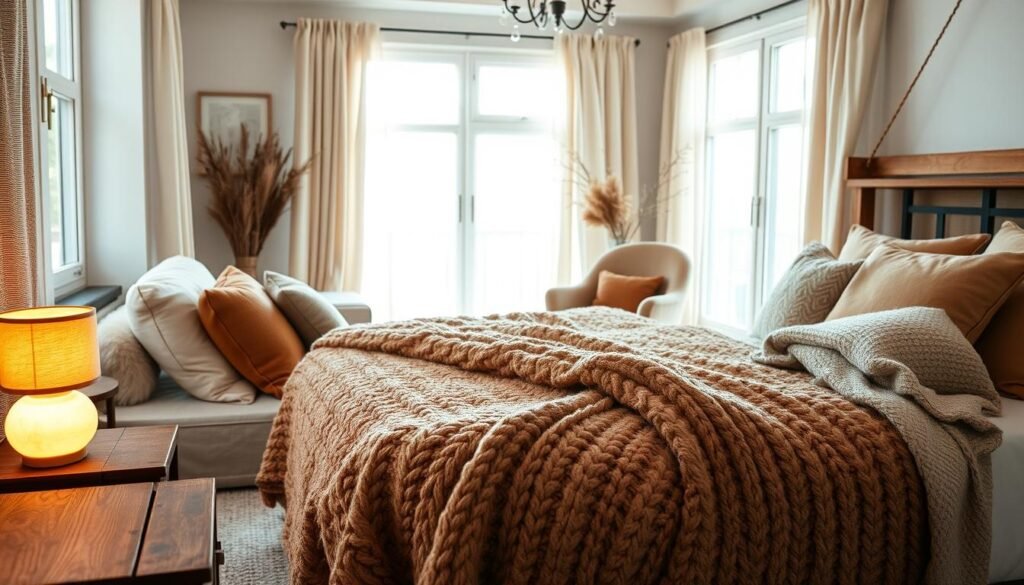 A cozy bedroom adorned with plush textiles, featuring a beautifully made bed with a soft, oversized knitted blanket in warm earth tones. Add a variety of fluffy throw pillows in rich textures like velvet and faux fur. In the foreground, a rustic wooden nightstand holds a glowing bedside lamp emitting soft, warm light. In the middle ground, a comfortable armchair draped with a wool throw adds to the inviting ambiance. The background reveals large windows allowing bright, natural sunlight to filter through sheer curtains, creating an airy and well-lit atmosphere. The overall mood is serene and welcoming, designed to evoke a sense of warmth and relaxation. Ensure a sense of inviting tranquility throughout the scene, with no distractions or clutter.