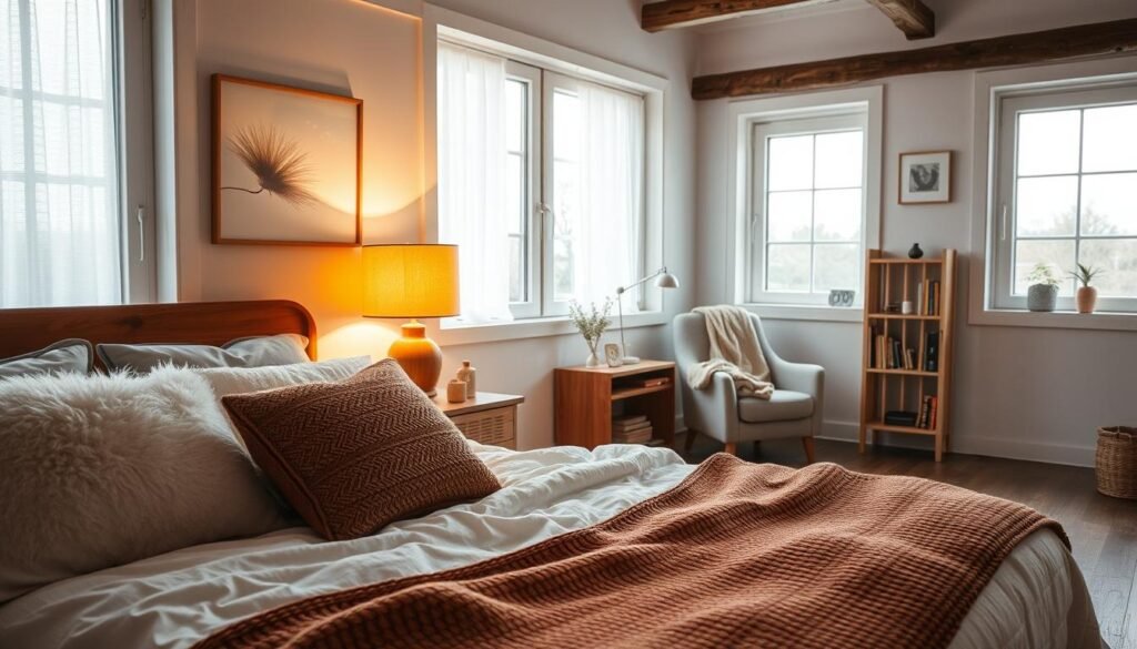 A cozy bedroom atmosphere featuring a well-styled interior. Foreground: a plush bed with soft, fluffy pillows and a warm, knitted blanket. Middle ground: a wooden nightstand holding a softly glowing lamp, casting a warm light that creates inviting shadows. To the side, a comfortable armchair with a cozy throw, next to a small bookshelf filled with books. Background: large windows allowing bright natural light to stream in, illuminating the space and highlighting airy, light-colored walls adorned with subtle, calming artwork. The overall mood is serene and relaxing, emphasizing well-placed lighting that enhances the cozy, inviting feel of the room.
