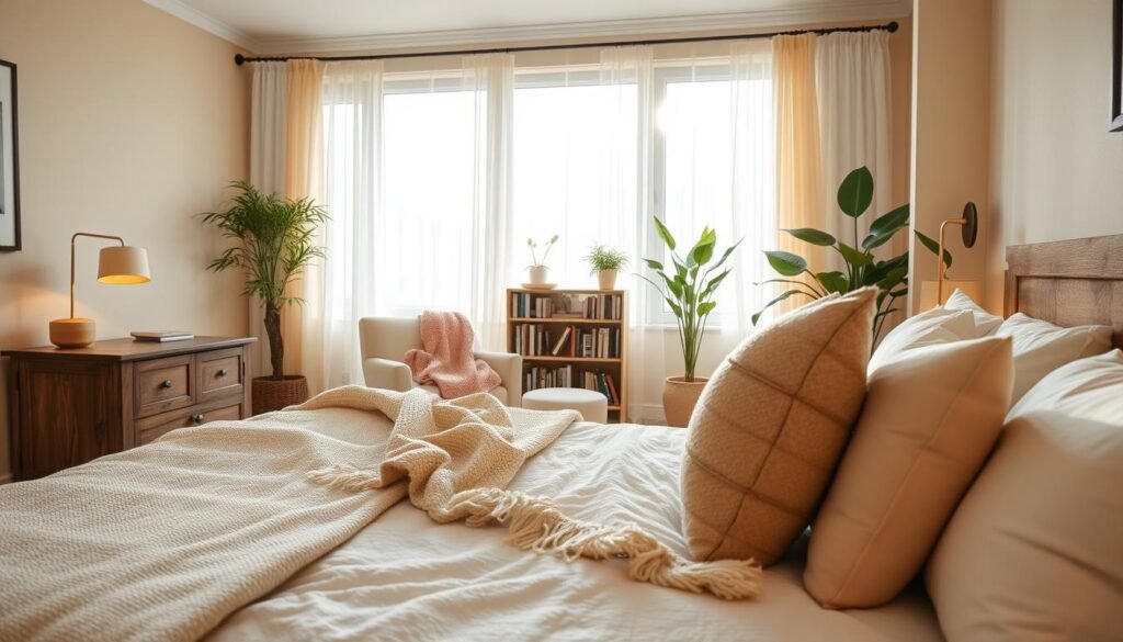 A cozy bedroom design featuring a soft, inviting color palette with warm beige and pastel accents. In the foreground, a plush bed adorned with fluffy pillows and a textured throw blanket invites relaxation. Flanking the bed are rustic wooden nightstands with gently glowing lamps casting soft, diffused light. The middle area showcases a small reading nook with a comfy armchair and a warm, knitted blanket draped over the side, next to a small bookshelf filled with well-loved novels. In the background, large windows allow bright, natural sunlight to stream in, illuminating sheer curtains and casting a pleasant glow throughout the room. Potted plants add a touch of greenery, enhancing the serene atmosphere of rest and tranquility. The scene exudes a feeling of comfort, warmth, and peaceful sanctuary.