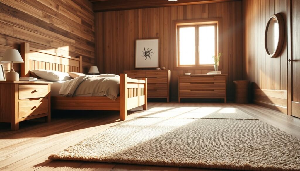A cozy bedroom design featuring natural wood elements, highlighting a warm wooden bed frame and a matching nightstand with soft bedding in neutral tones. The foreground captures a plush area rug with natural fibers, enhancing the inviting feel. In the middle ground, a beautifully crafted wooden dresser complements the overall aesthetic, while a large window allows bright, soft sunlight to illuminate the space, creating an airy atmosphere. The background showcases wooden paneling on the walls, further emphasizing the timeless appeal of natural wood in the bedroom. Soft shadows dance across the floor, enhancing the warmth of the scene. The image should evoke a sense of comfort and tranquility, inviting viewers to envision a serene retreat. Aim for a realistic style with a focus on detail, using a wide-angle perspective to capture the entire room.