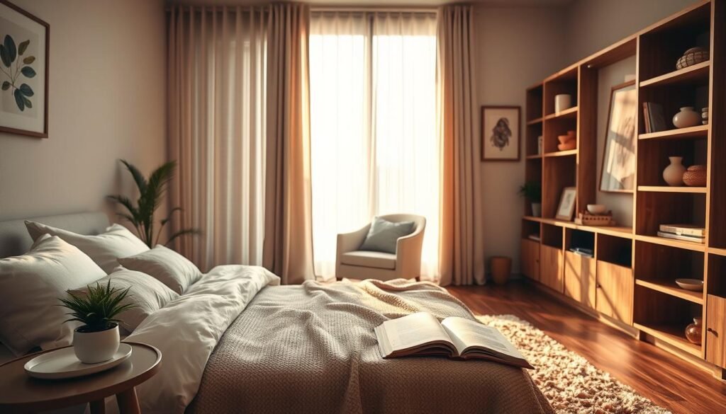 A cozy bedroom designed for rest and relaxation, featuring a softly made bed with fluffy pillows and a textured blanket in neutral tones. In the foreground, a bedside table holds a small potted plant and an open book, contributing to the inviting atmosphere. The middle ground showcases a plush area rug and a comfortable armchair by a large window with sheer curtains, allowing gentle, diffused natural light to fill the room. In the background, calm wall art and wooden shelves displaying soothing decor create an organized, tranquil environment. The overall mood is warm and serene, encouraging a strong sense of comfort and peace, ideal for promoting restful sleep. The lighting is soft and warm, reminiscent of golden hour.