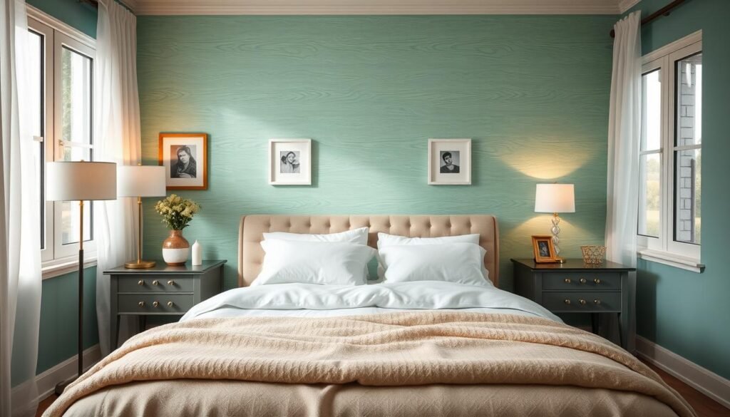 A cozy bedroom featuring a stunning accent wall painted in a calming seafoam green, adorned with a textured wood pattern. In the foreground, a neatly made queen-sized bed with fluffy white pillows and a soft beige throw blanket, framed by two elegant bedside tables. On the left, a stylish lamp emits soft, warm light, enhancing the inviting atmosphere. The middle of the room showcases the accent wall, which serves as a focal point, with a few tasteful framed artworks hung at eye level. In the background, large windows bathe the room in bright, natural light, with sheer white curtains gently fluttering. The mood is serene and tranquil, ideal for a peaceful retreat. This scene is captured with a wide-angle lens, emphasizing the harmonious blend of colors and textures throughout the space. A cozy bedroom featuring a stunning accent wall painted in a calming seafoam green, adorned with a textured wood pattern. In the foreground, a neatly made queen-sized bed with fluffy white pillows and a soft beige throw blanket, framed by two elegant bedside tables. On the left, a stylish lamp emits soft, warm light, enhancing the inviting atmosphere. The middle of the room showcases the accent wall, which serves as a focal point, with a few tasteful framed artworks hung at eye level. In the background, large windows bathe the room in bright, natural light, with sheer white curtains gently fluttering. The mood is serene and tranquil, ideal for a peaceful retreat. This scene is captured with a wide-angle lens, emphasizing the harmonious blend of colors and textures throughout the space.