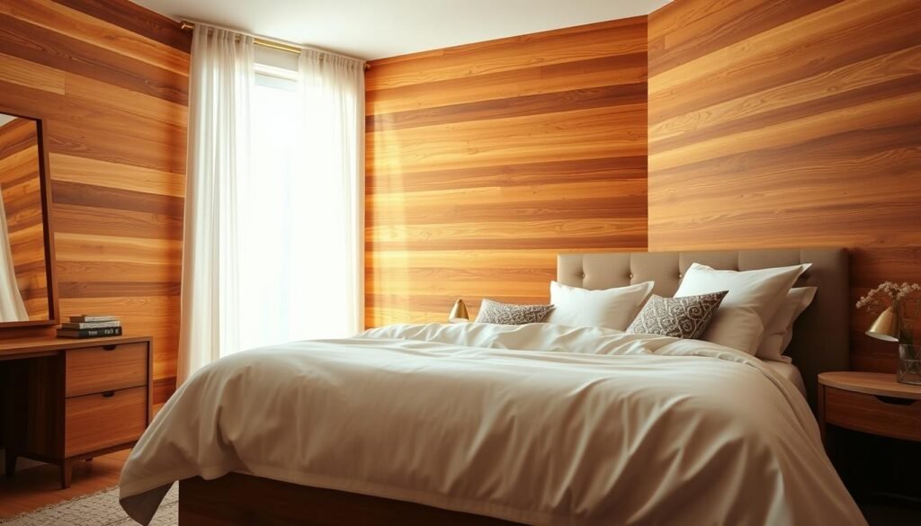 A cozy bedroom featuring a stunning wood accent wall, showcasing rich, warm tones of natural wood grain that create a sense of warmth and comfort. The foreground includes a soft, plush bed adorned with light-colored linens and decorative pillows, complemented by a stylish nightstand with a small lamp. In the middle, the wood accent wall serves as a vibrant focal point, with warm soft lighting casting gentle shadows that enhance the texture. The background reveals airy windows dressed with sheer curtains allowing bright, natural sunlight to flood the room, creating an inviting atmosphere. The overall mood is light, fresh, and serene, perfect for a retreat that balances coziness with brightness. Shot from a slight angle to capture depth and dimension.
