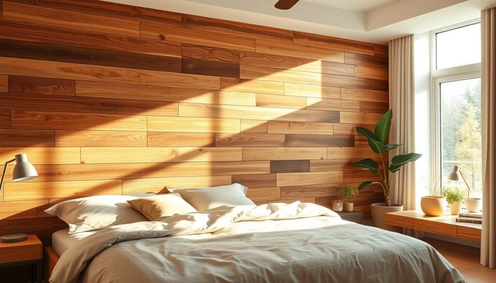 A cozy bedroom featuring a stunning wooden accent wall made from reclaimed wood planks, showcasing rich textures and warm tones. In the foreground, a stylish and minimalistic bed dressed in soft, muted bedding complements the wood. The middle ground highlights the intricate details of the paneling, with visible knots and grains illuminated by bright natural sunlight streaming through a large window. Soft sunlight creates gentle shadows that enhance the warmth of the wood. In the background, an airy, soothing space with potted plants and tasteful decor elements adds an inviting touch. The atmosphere is relaxed and tranquil, perfect for a modern yet cozy retreat, captured from a slightly elevated angle to showcase the entire wall and its integration into the bedroom design.