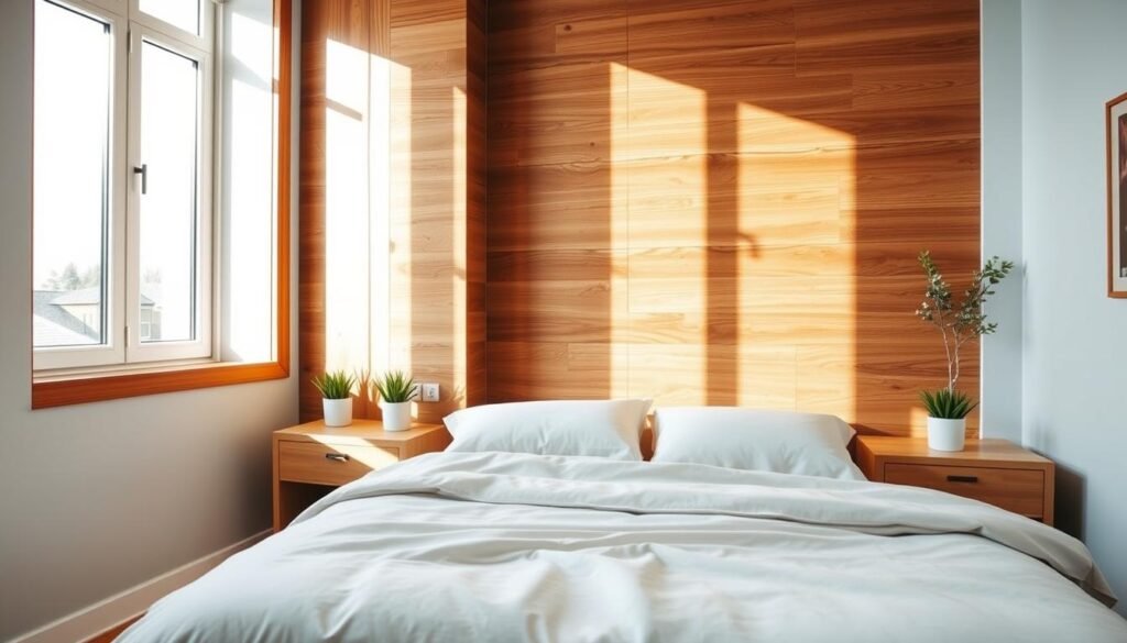 A cozy bedroom featuring beautifully crafted wooden accent walls, showcasing warm tones of oak and cedar. In the foreground, a stylish bed with soft white linens is complemented by wooden bedside tables, adorned with small potted plants. The middle of the room highlights the textured wooden wall, which adds depth and warmth, illuminated by bright natural light streaming in through large, airy windows. In the background, soft sunlight casts gentle shadows, enhancing the inviting atmosphere. The room is tastefully decorated with minimalistic décor, emphasizing a serene and tranquil vibe without overwhelming the senses. The overall mood is warm and welcoming, perfect for a relaxed and comfortable space.