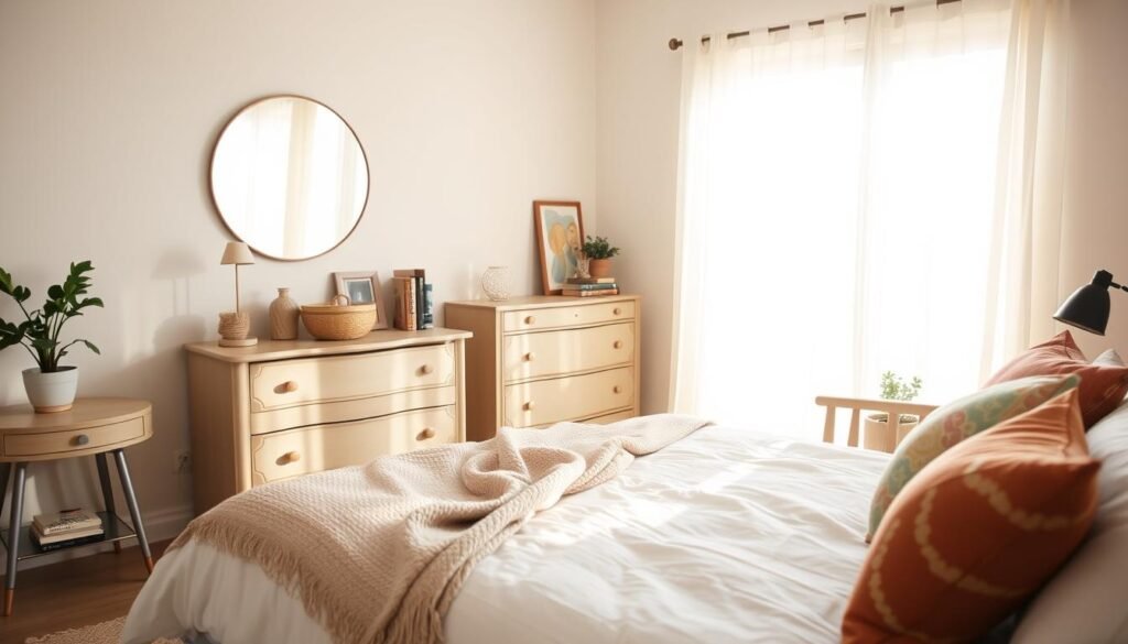 A cozy bedroom featuring budget-friendly decor, designed to feel inviting and comfortable. In the foreground, a neatly made bed with a soft, textured throw blanket and a mix of colorful, budget-friendly cushions. To the left, a stylish, low-cost nightstand holds a small potted plant and a simple lamp. In the middle, the room features a vintage-inspired dresser with a circular mirror above it, reflecting warm, natural light pouring in from a large window. The walls are painted in soft, neutral tones, creating an airy atmosphere. In the background, sheer curtains flutter slightly, enhancing the sense of openness. The scene is illuminated by bright, soft sunlight, giving a peaceful and serene vibe, showcasing an achievable and inviting bedroom style.