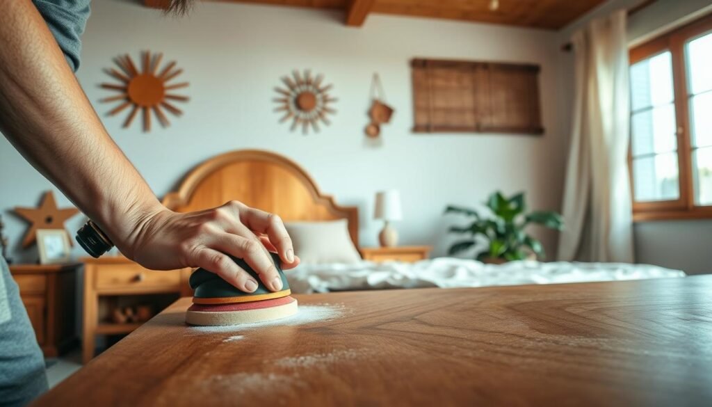 A cozy bedroom featuring elegant wood accents, such as a beautifully grained wooden headboard and bedside tables, is bathed in soft, natural light from a large window. In the foreground, a close-up view highlights a person gently sanding a wooden surface, wearing modest casual clothing, with focus on their hands as they maintain the rich texture of the wood. The middle ground showcases light-colored walls adorned with wooden decor, while a lush indoor plant adds a touch of greenery. The background reveals soft linen curtains fluttering slightly in the breeze, enhancing the serene atmosphere. The overall mood is tranquil and inviting, capturing the essence of maintaining the beauty of wood in a restful space. Bright, airy lighting softly illuminates the scene, emphasizing the warmth of the wood accents.