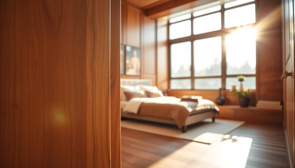 A cozy bedroom featuring elegant wooden wall paneling and accent walls, highlighting rich textures and warm tones. In the foreground, a close-up of beautifully crafted wooden panels, showcasing their grain and craftsmanship. The middle of the image displays a well-designed bedroom, with a comfortable bed adorned with soft linens and pillows, harmonizing with the wood accents. The background features large windows allowing soft, natural light to filter in, creating an airy and inviting atmosphere. The entire scene is bathed in warm sunlight, contributing to a serene, restful vibe. Utilize a bright, soft focus to emphasize the tranquility of the space, as if captured through a wide-angle lens. The overall mood is calm and sophisticated, perfect for a restful bedroom design.