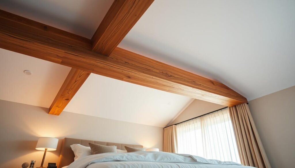 A cozy bedroom featuring exposed wooden beams across the ceiling, showcasing rich, warm tones and natural grain patterns. The beams are set against a soft, light-colored ceiling that enhances the airy atmosphere. In the foreground, a beautifully arranged bed with plush white linens, complemented by accent pillows in earthy tones. On one side, a stylish bedside table with a small contemporary lamp casting a warm glow. The background features light-filtering sheer curtains that allow gentle sunlight to illuminate the room, creating inviting shadows. The overall mood is serene and comforting, evoking a sense of warmth and relaxation, perfect for adding character to a modern bedroom space. The angle captures the ceiling's details while providing a glimpse of the inviting decor below, all bathed in natural light.
