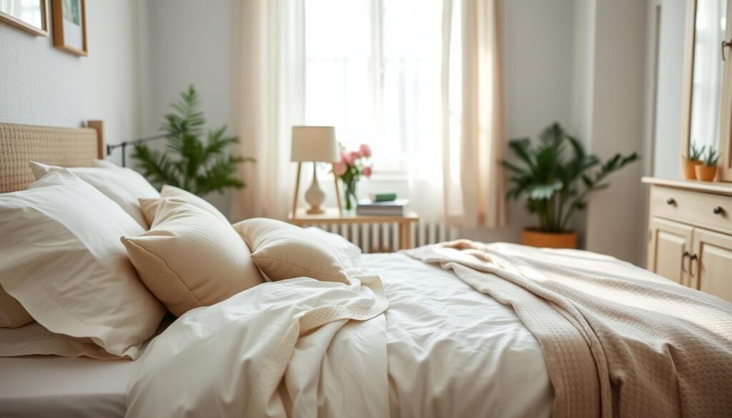 A cozy bedroom featuring seasonal decor that blends warmth and lightness. In the foreground, a beautifully made bed with layered soft, pastel bedding and decorative pillows in shades of cream and light lavender. A lightweight throw blanket drapes casually over the side. In the middle, a small bedside table adorned with a chic lamp, a vase of fresh flowers, and a stack of books creates a homely touch. The background showcases a window with sheer curtains allowing gentle, soft sunlight to fill the room, highlighting light wooden furniture and potted greenery. The mood is serene and inviting, evoking a feeling of comfort and tranquility, perfect for year-round enjoyment. Shot in bright natural light with a slight depth of field to enhance the inviting atmosphere.